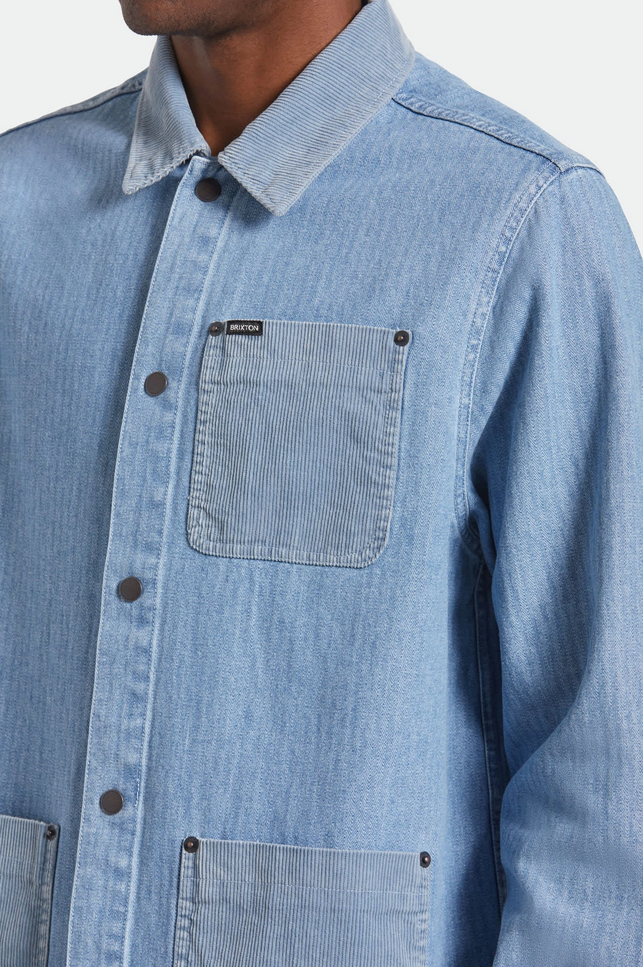 Herringbone Lightweight Chore Coat - Light Wash Denim Herringbone Double Layered Insulation