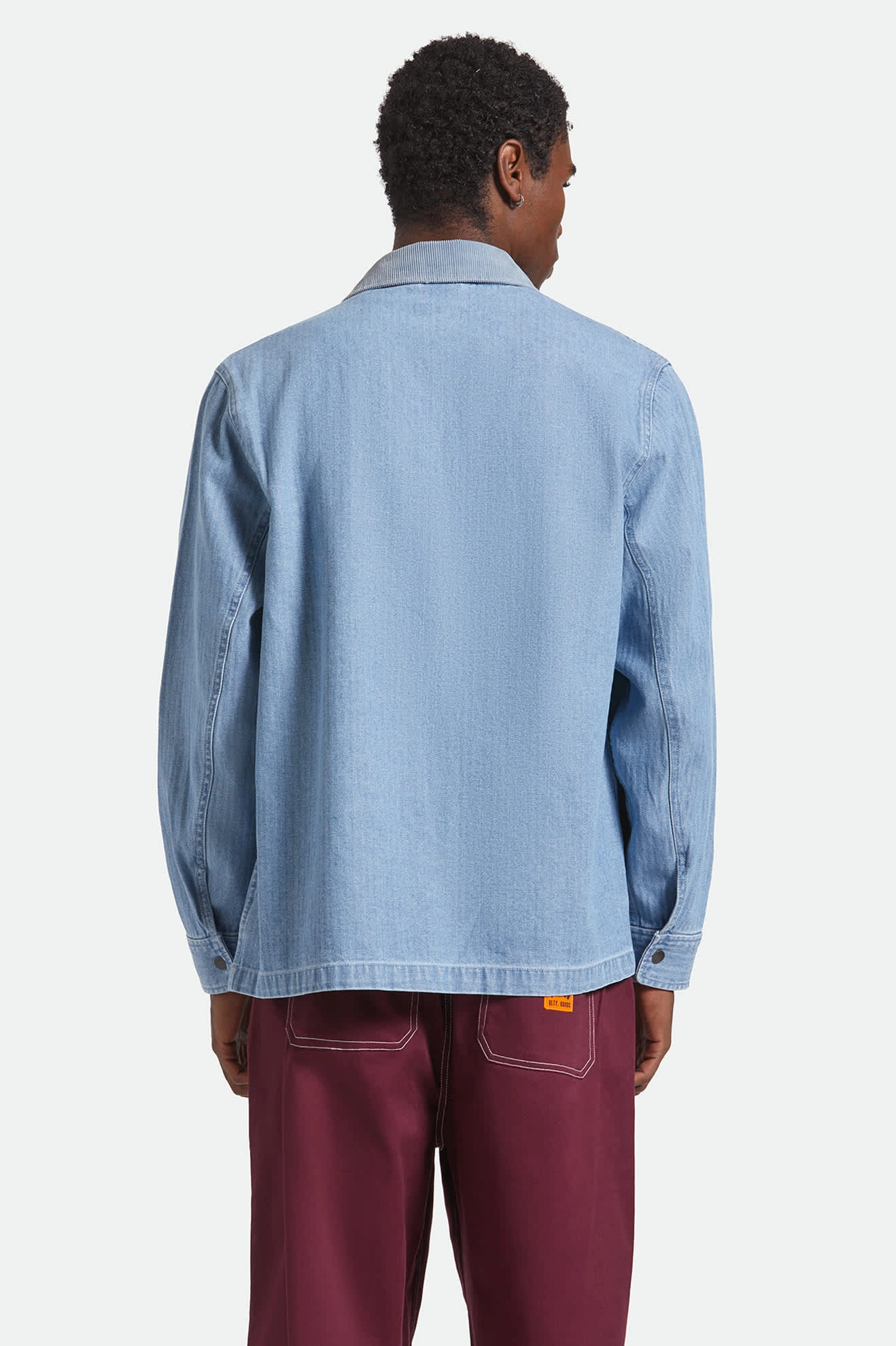 Herringbone Lightweight Chore Coat - Light Wash Denim Herringbone Eco Friendly Certified Non Bulky Silhouette
