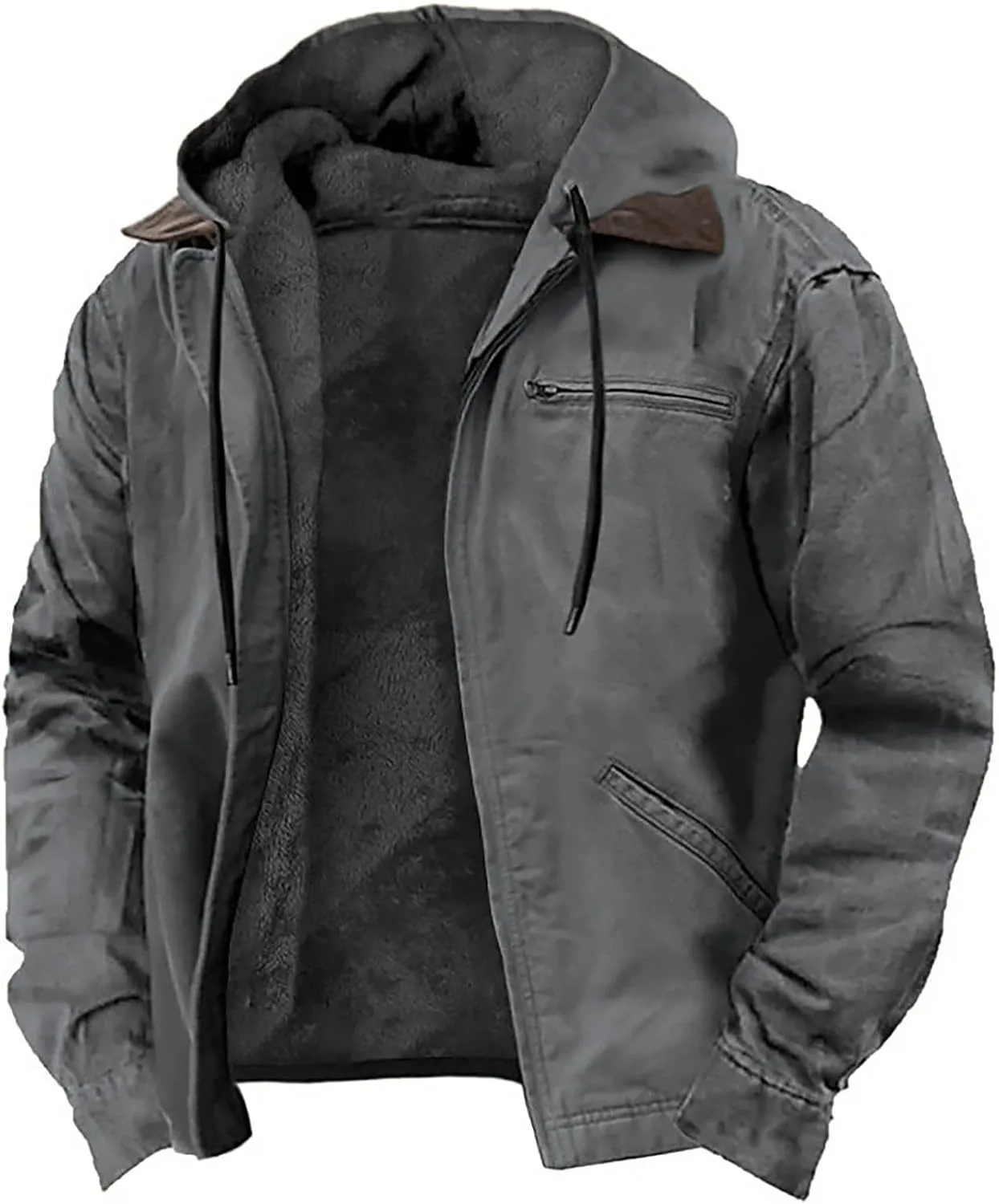 PECDIM Mens Distressed Retro Hooded Coats Heavyweight Sherpa Lined Fleece Hoodie Sweatshirt Zip Up Warm Washed Trucker Jacket