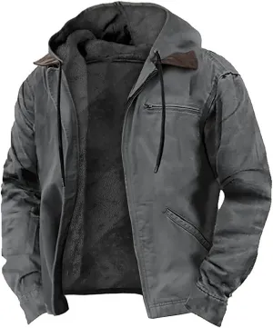 PECDIM Mens Distressed Retro Hooded Coats Heavyweight Sherpa Lined Fleece Hoodie Sweatshirt Zip Up Warm Washed Trucker Jacket