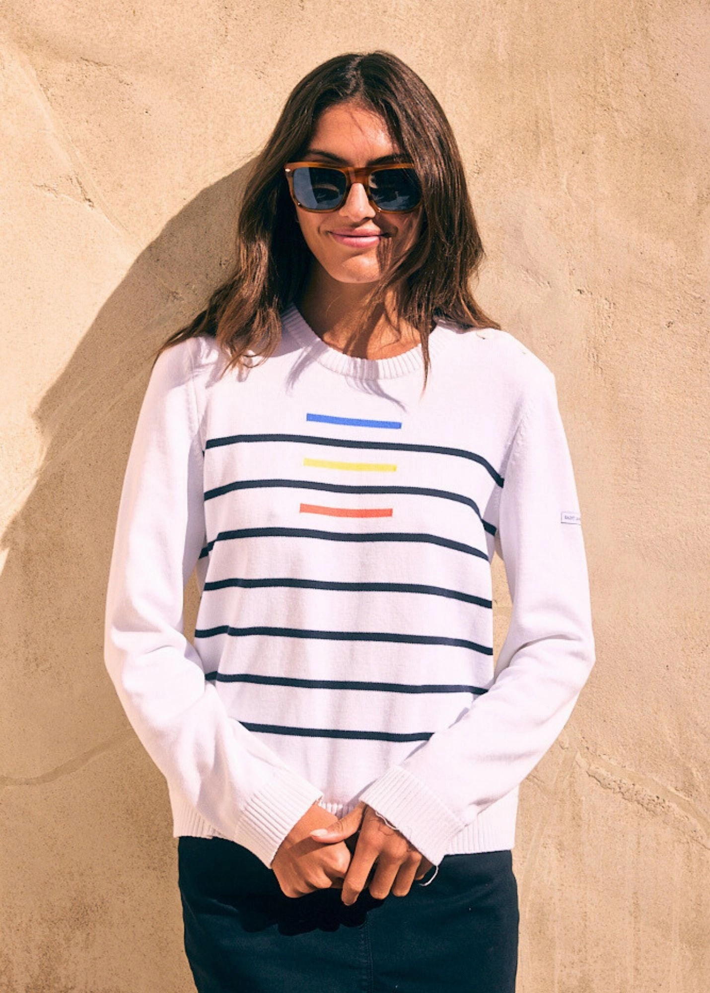 SISTERON - Breton Sweater With Jacquard Stripes and Shoulder Details | 100% Cotton | Women Comfort Fit (WHITE / MULTICO) Versatile Layering Piece