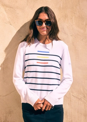 SISTERON - Breton Sweater With Jacquard Stripes and Shoulder Details | 100% Cotton | Women Comfort Fit (WHITE / MULTICO) Versatile Layering Piece