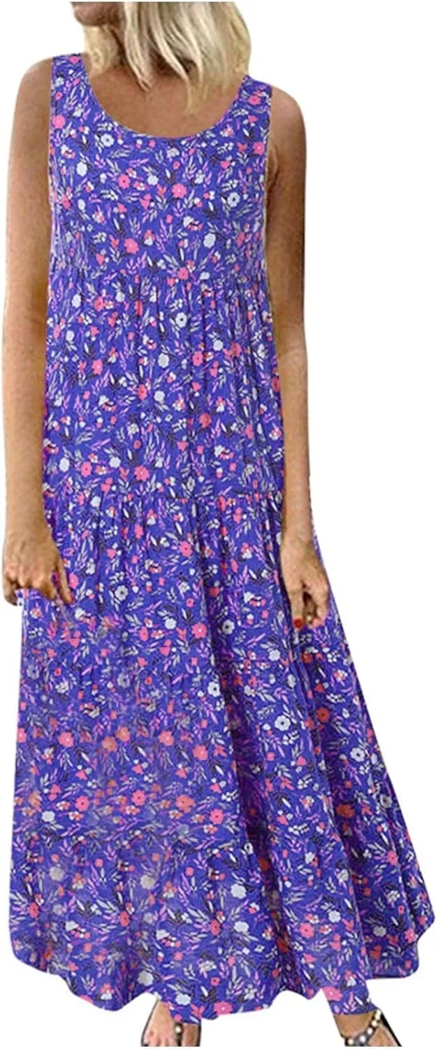 Petite Women 2025 Summer Maxi Dresses Casual Long Boho Beach Vacation Sundress A Line Flowy Printed Tank Dress Clothes