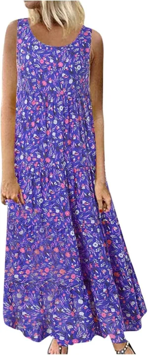 Petite Women 2025 Summer Maxi Dresses Casual Long Boho Beach Vacation Sundress A Line Flowy Printed Tank Dress Clothes