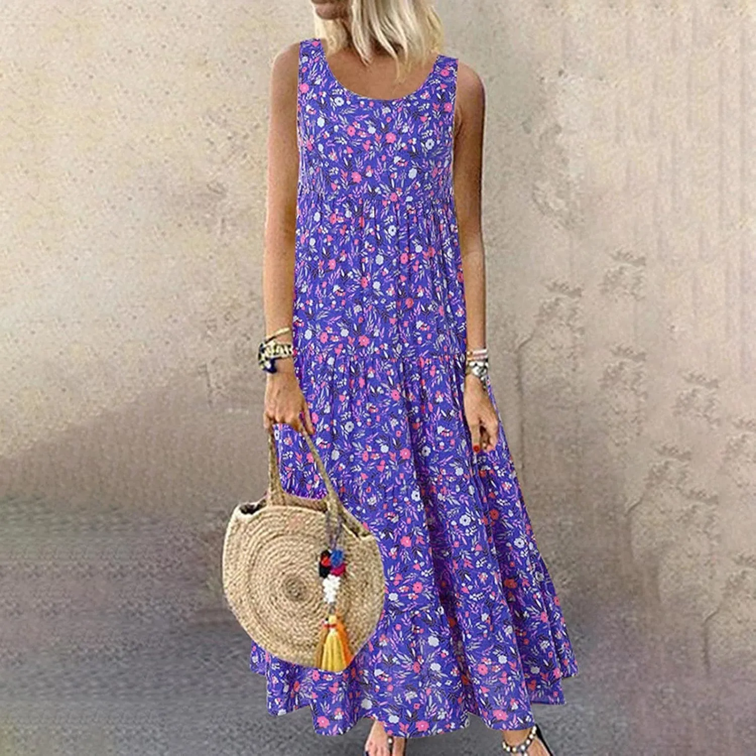 Petite Women 2025 Summer Maxi Dresses Casual Long Boho Beach Vacation Sundress A Line Flowy Printed Tank Dress Clothes