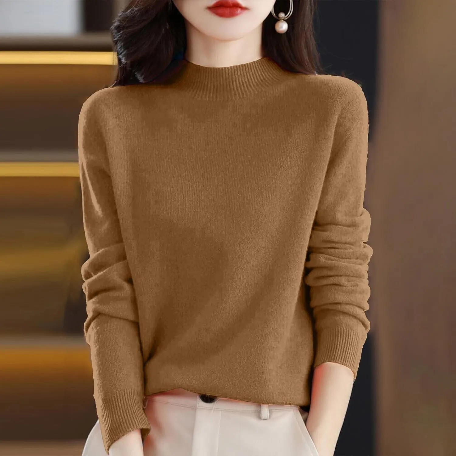 PETYCZEN Cashmere Sweaters for Women Casual Long Sleeve Mock Neck Sweater Cozy Warm Knit Sweater Jumpers Pullover Tops