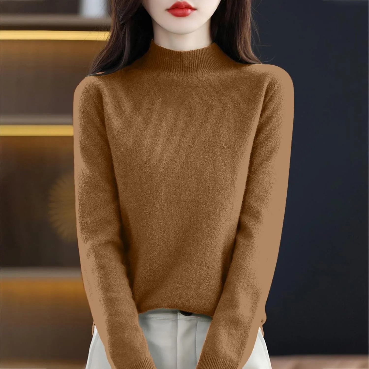 PETYCZEN Cashmere Sweaters for Women Casual Long Sleeve Mock Neck Sweater Cozy Warm Knit Sweater Jumpers Pullover Tops