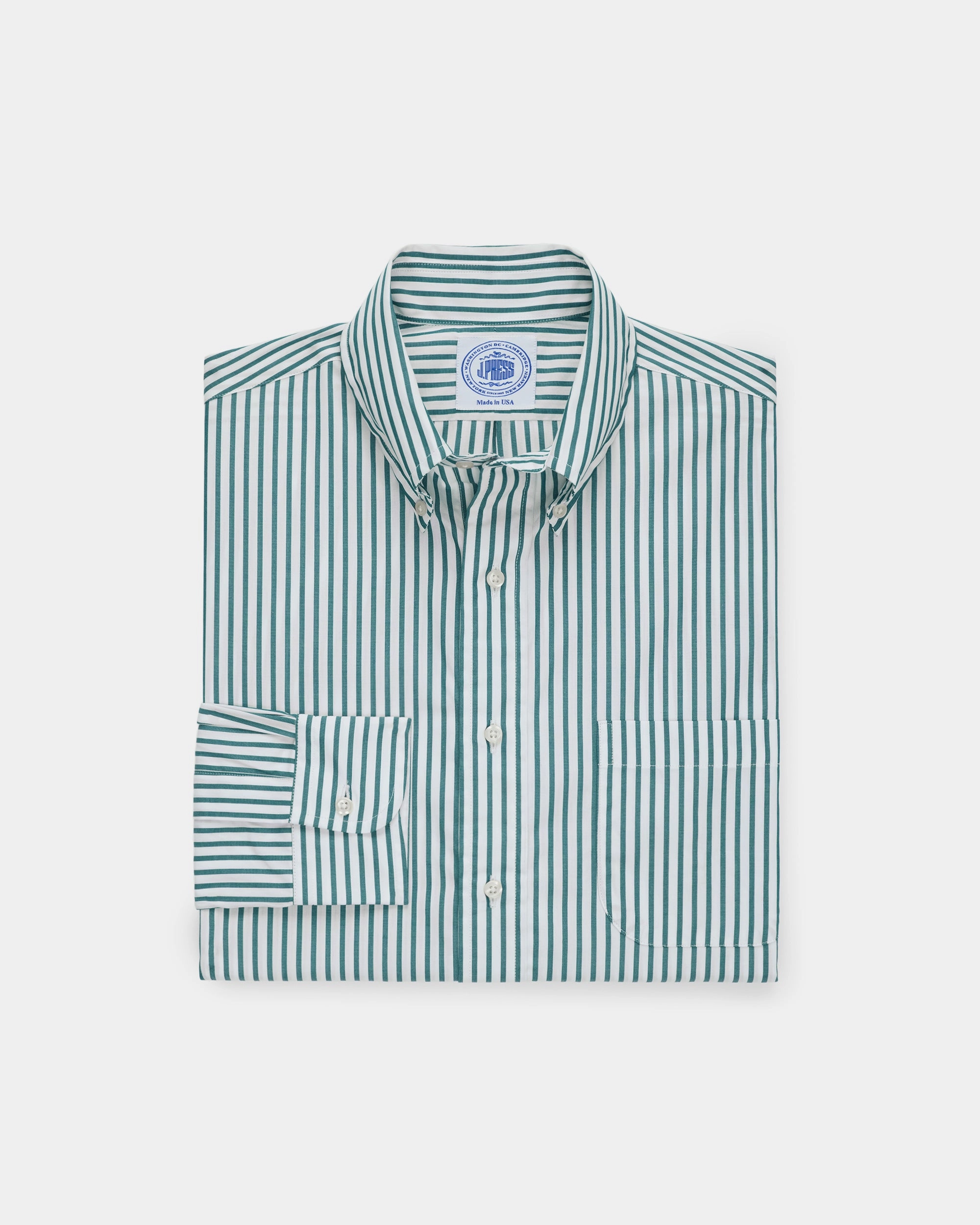 Made-in-Canada Hunter Green Butcher Stripe Broadcloth Button Down Shirt - Classic Fit Ribbed Trim