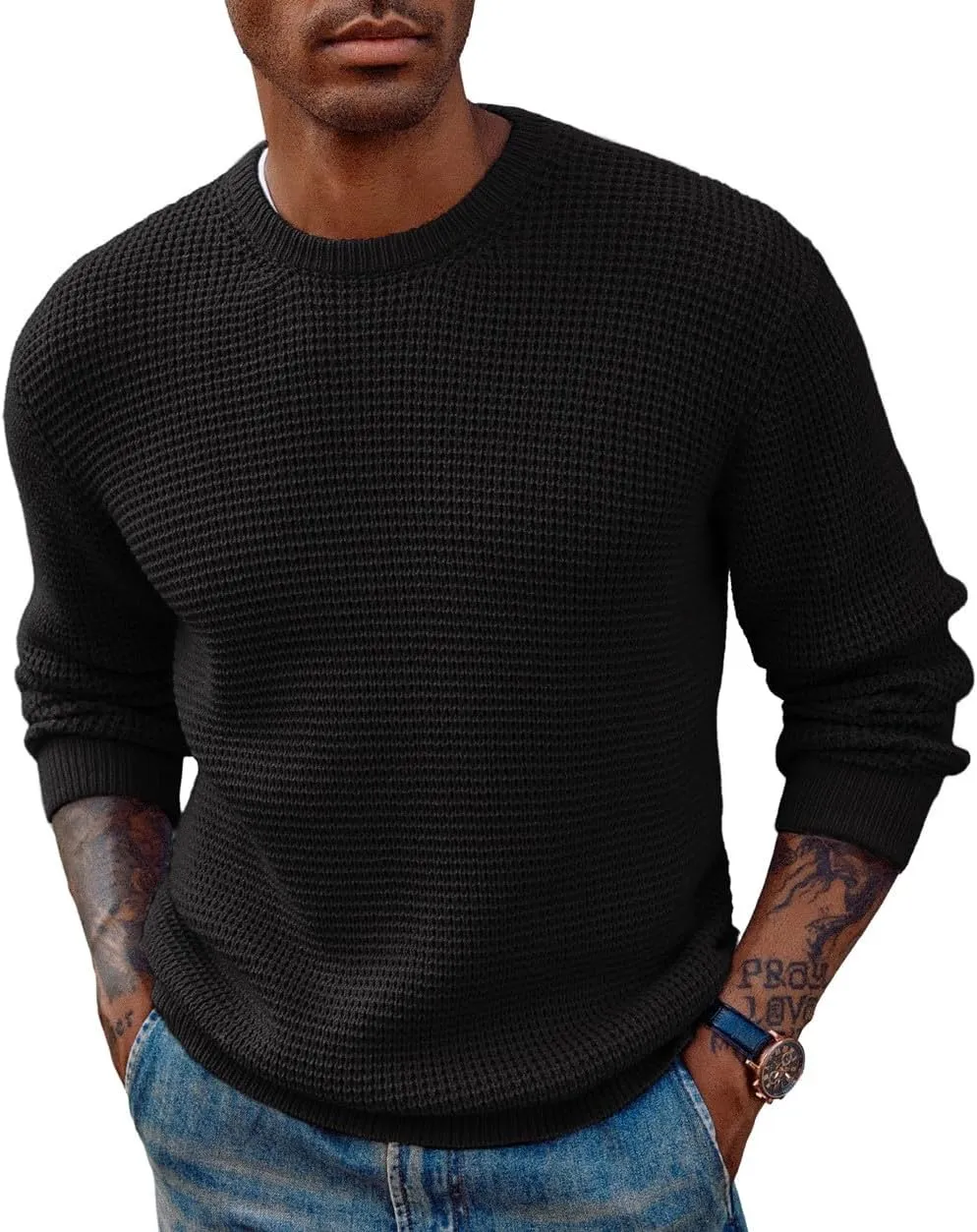 PJ PAUL JONES Mens Crewneck Pullover Sweater Waffle Textured Long Sleeve Knitted Sweaters