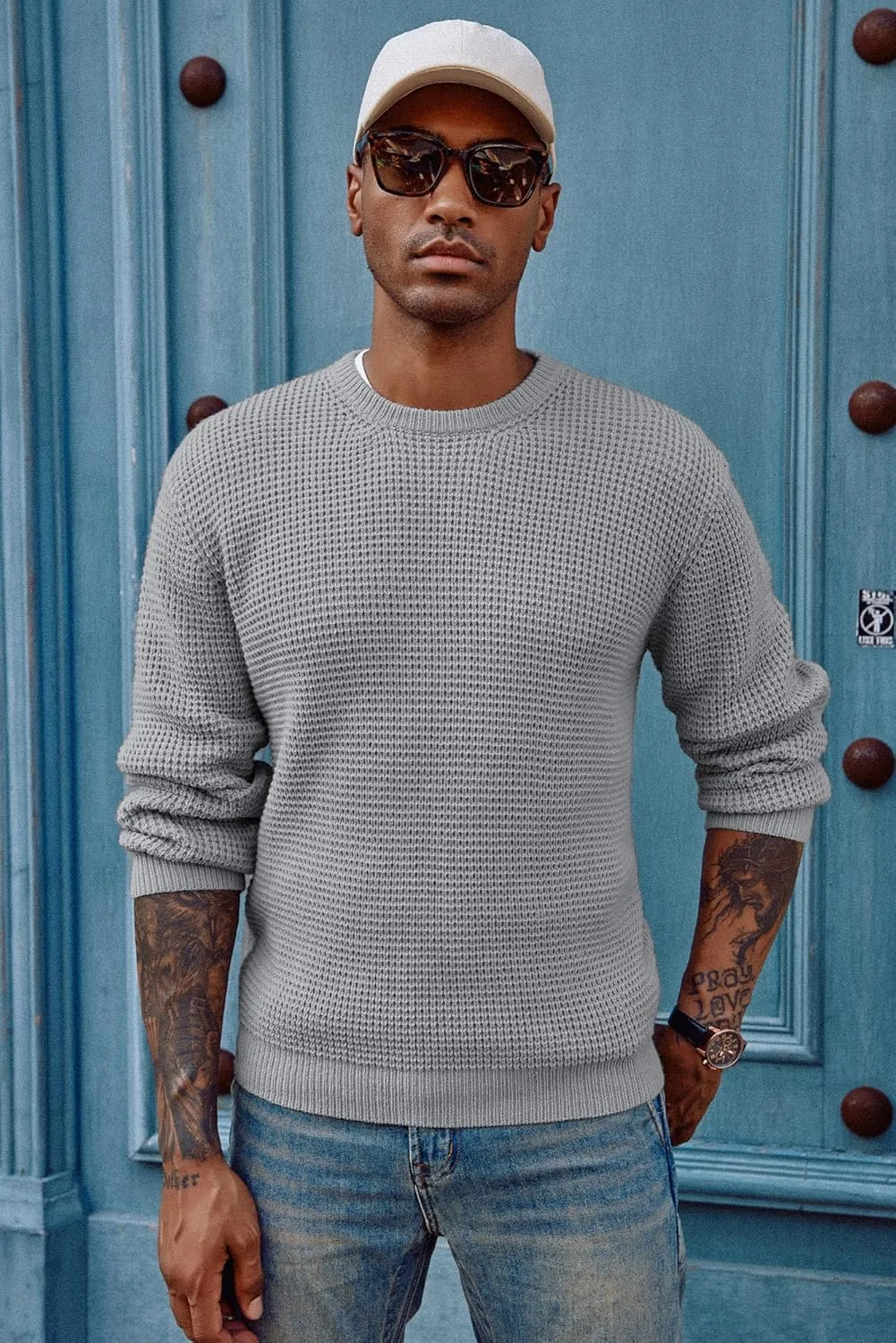 PJ PAUL JONES Mens Crewneck Pullover Sweater Waffle Textured Long Sleeve Knitted Sweaters