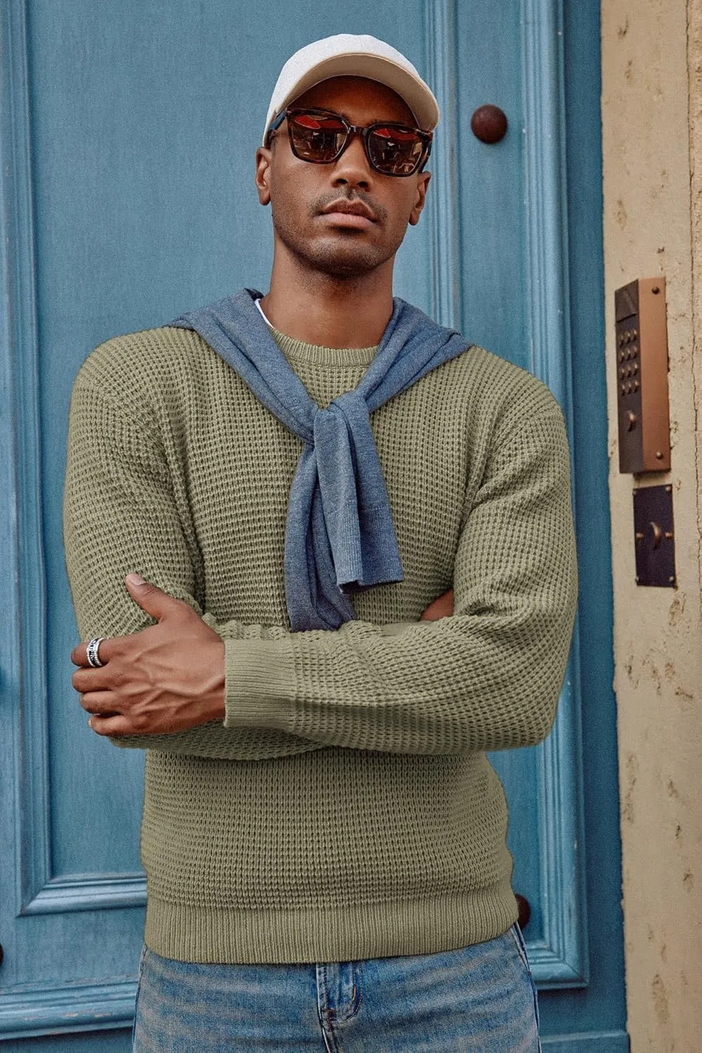 PJ PAUL JONES Mens Crewneck Pullover Sweater Waffle Textured Long Sleeve Knitted Sweaters