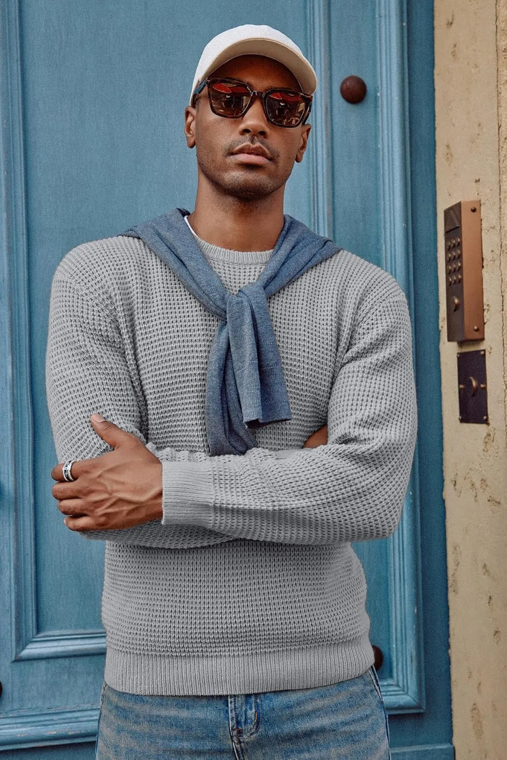 PJ PAUL JONES Mens Crewneck Pullover Sweater Waffle Textured Long Sleeve Knitted Sweaters