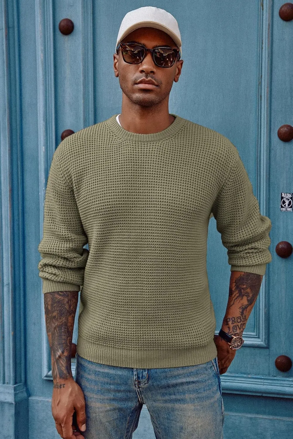 PJ PAUL JONES Mens Crewneck Pullover Sweater Waffle Textured Long Sleeve Knitted Sweaters