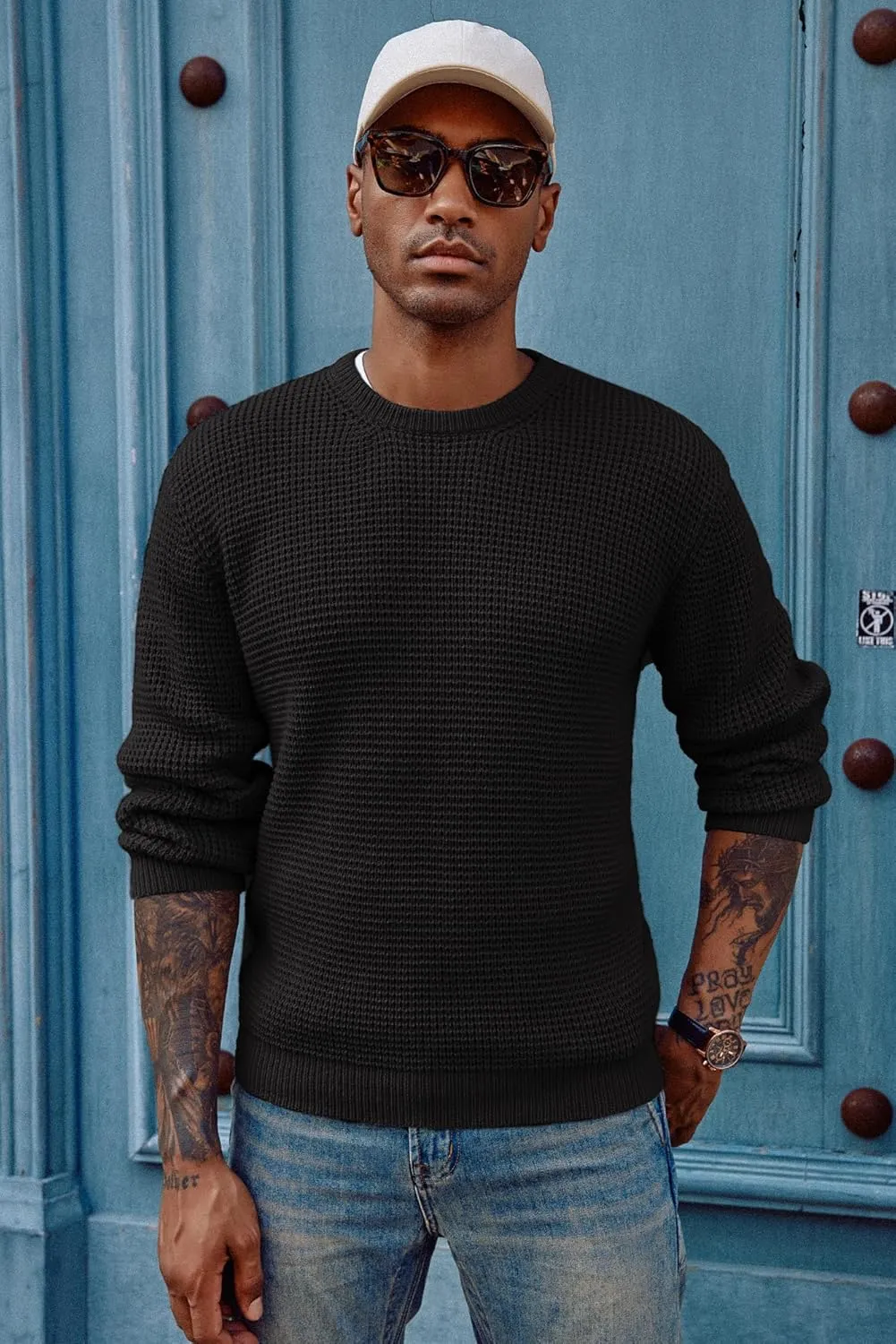 PJ PAUL JONES Mens Crewneck Pullover Sweater Waffle Textured Long Sleeve Knitted Sweaters