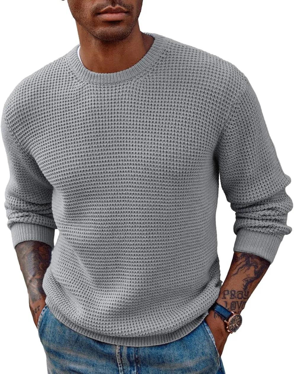 PJ PAUL JONES Mens Crewneck Pullover Sweater Waffle Textured Long Sleeve Knitted Sweaters