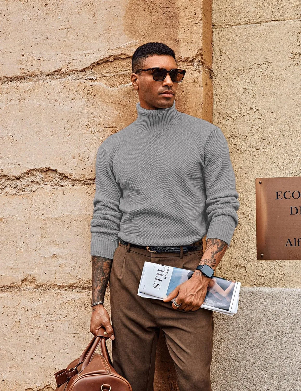 PJ PAUL JONES Men's Turtleneck Sweaters Knitted Casual Textured Pullover Sweater