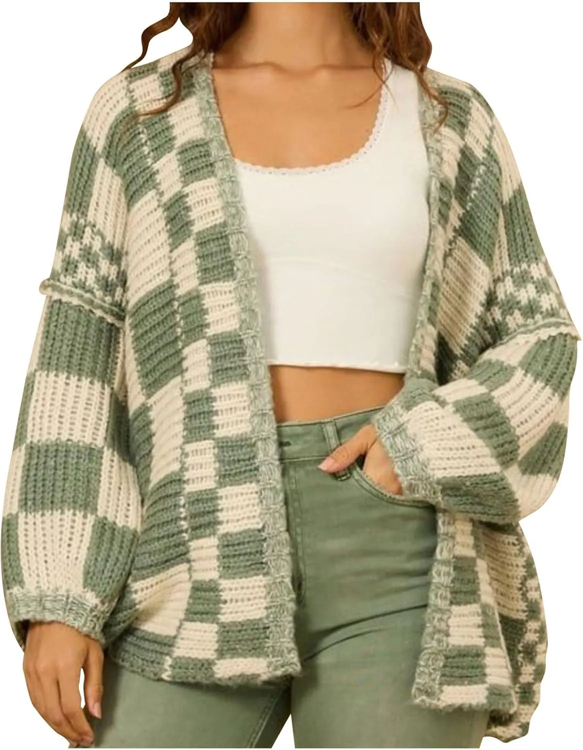 Plaid Cardigan Sweater for Women Fall Winter Outfit Slouchy Open Front Checkered Chunky Knit Cardigan Sweater Outwear
