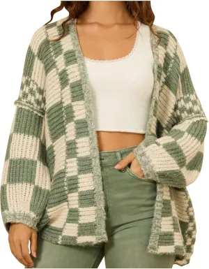 Plaid Cardigan Sweater for Women Fall Winter Outfit Slouchy Open Front Checkered Chunky Knit Cardigan Sweater Outwear