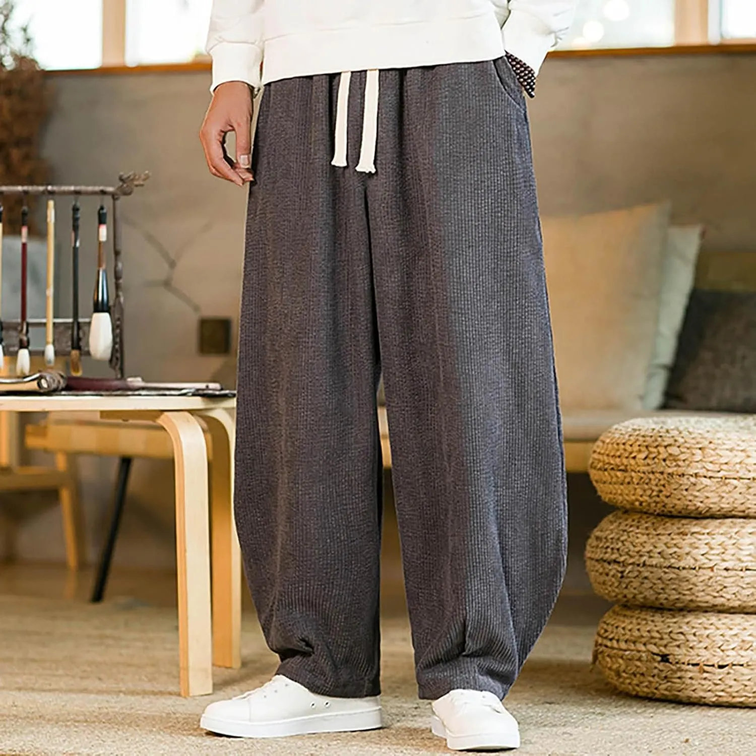 Plus Size Corduroy Pant for Men Elastic Waist Drawstring Pants Casual Solid Hip Hop Wide Leg Trousers with Pockets