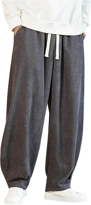 Plus Size Corduroy Pant for Men Elastic Waist Drawstring Pants Casual Solid Hip Hop Wide Leg Trousers with Pockets