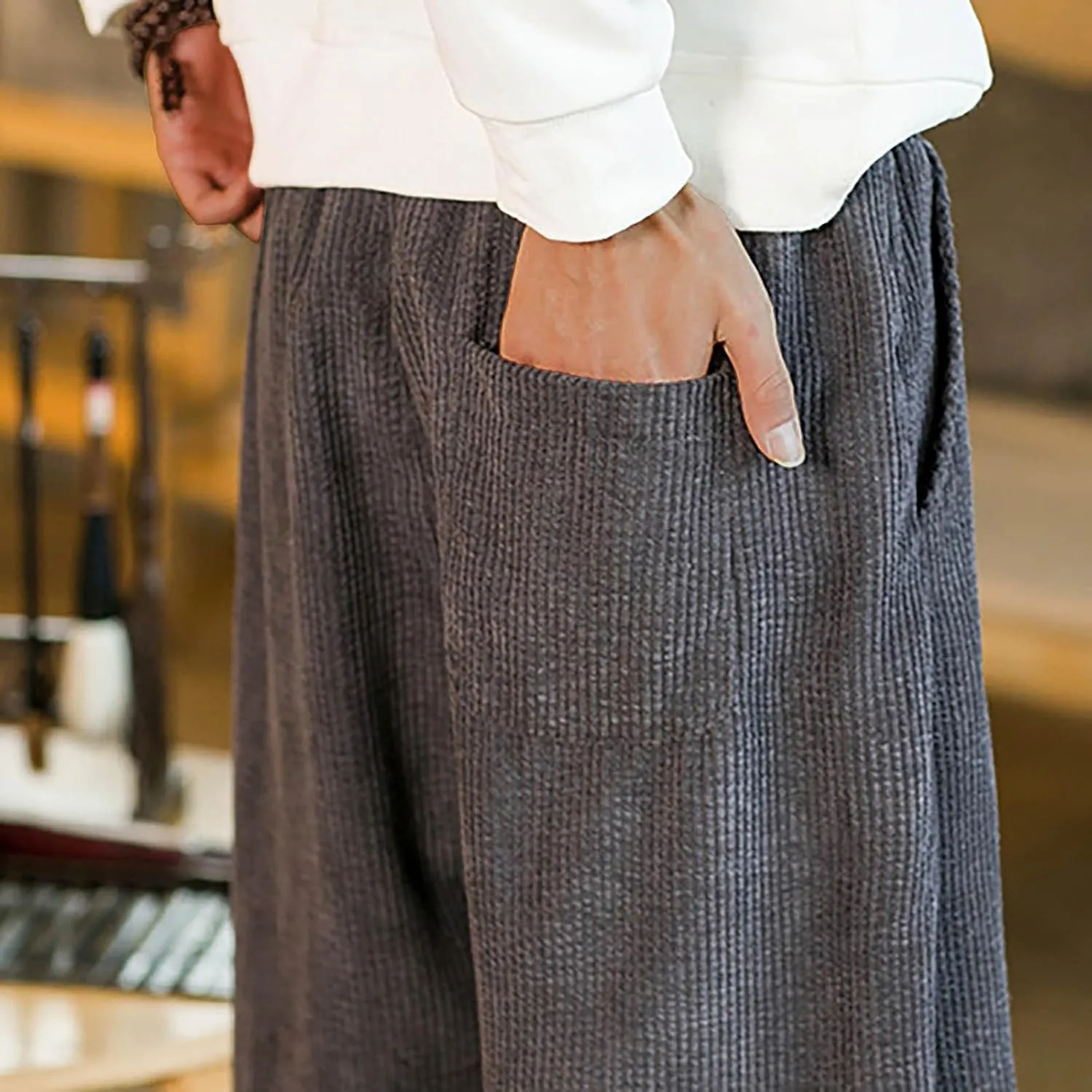 Plus Size Corduroy Pant for Men Elastic Waist Drawstring Pants Casual Solid Hip Hop Wide Leg Trousers with Pockets