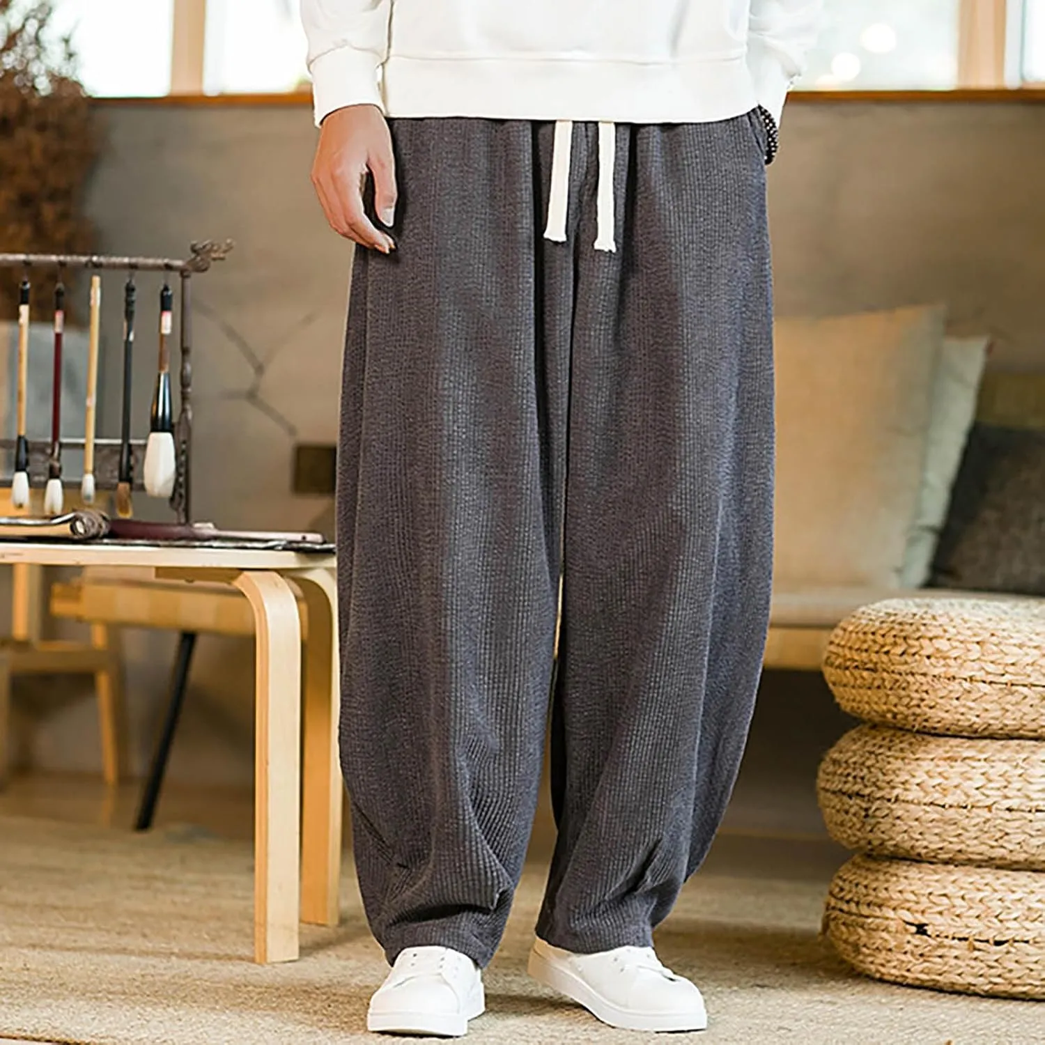 Plus Size Corduroy Pant for Men Elastic Waist Drawstring Pants Casual Solid Hip Hop Wide Leg Trousers with Pockets
