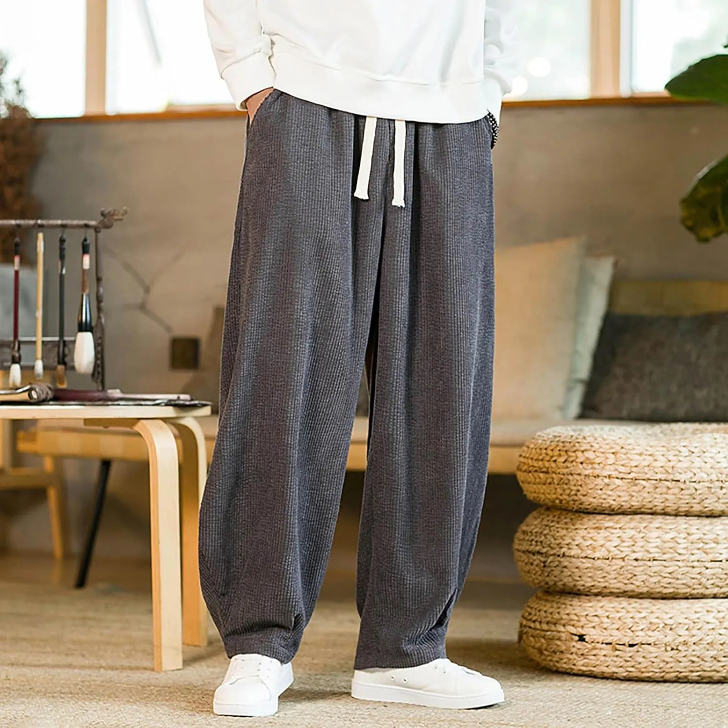 Plus Size Corduroy Pant for Men Elastic Waist Drawstring Pants Casual Solid Hip Hop Wide Leg Trousers with Pockets