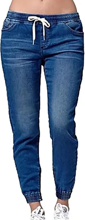 Plus Size Jeans for Women Trendy Elastic Slim Fitting High Rise Drawstring Jean Stretch Waisted Jogger Denim Pants