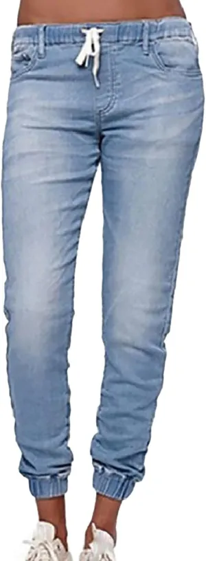 Plus Size Jeans for Women Trendy Elastic Slim Fitting High Rise Drawstring Jean Stretch Waisted Jogger Denim Pants