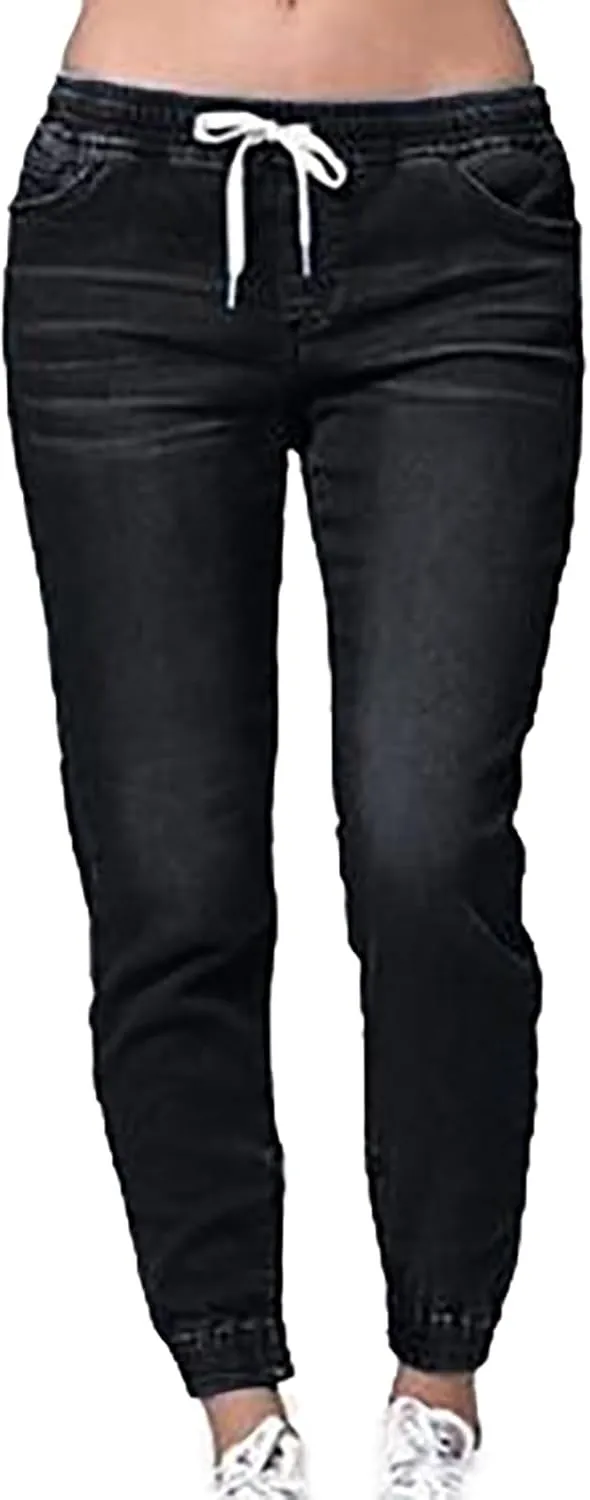 Plus Size Jeans for Women Trendy Elastic Slim Fitting High Rise Drawstring Jean Stretch Waisted Jogger Denim Pants
