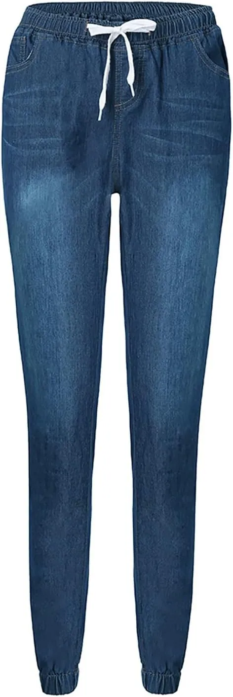 Plus Size Jeans for Women Trendy Elastic Slim Fitting High Rise Drawstring Jean Stretch Waisted Jogger Denim Pants