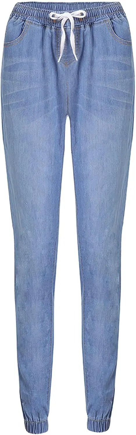 Plus Size Jeans for Women Trendy Elastic Slim Fitting High Rise Drawstring Jean Stretch Waisted Jogger Denim Pants