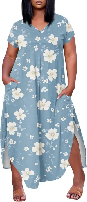 Plus Size Maxi Dresses for Women Casual Short Sleeve Floral Boho Sundress Loose Split Tshirt Dresses with Pockets