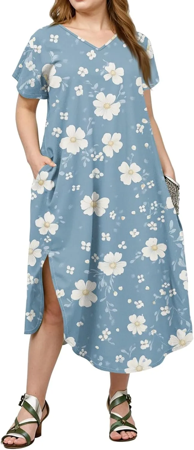Plus Size Maxi Dresses for Women Casual Short Sleeve Floral Boho Sundress Loose Split Tshirt Dresses with Pockets