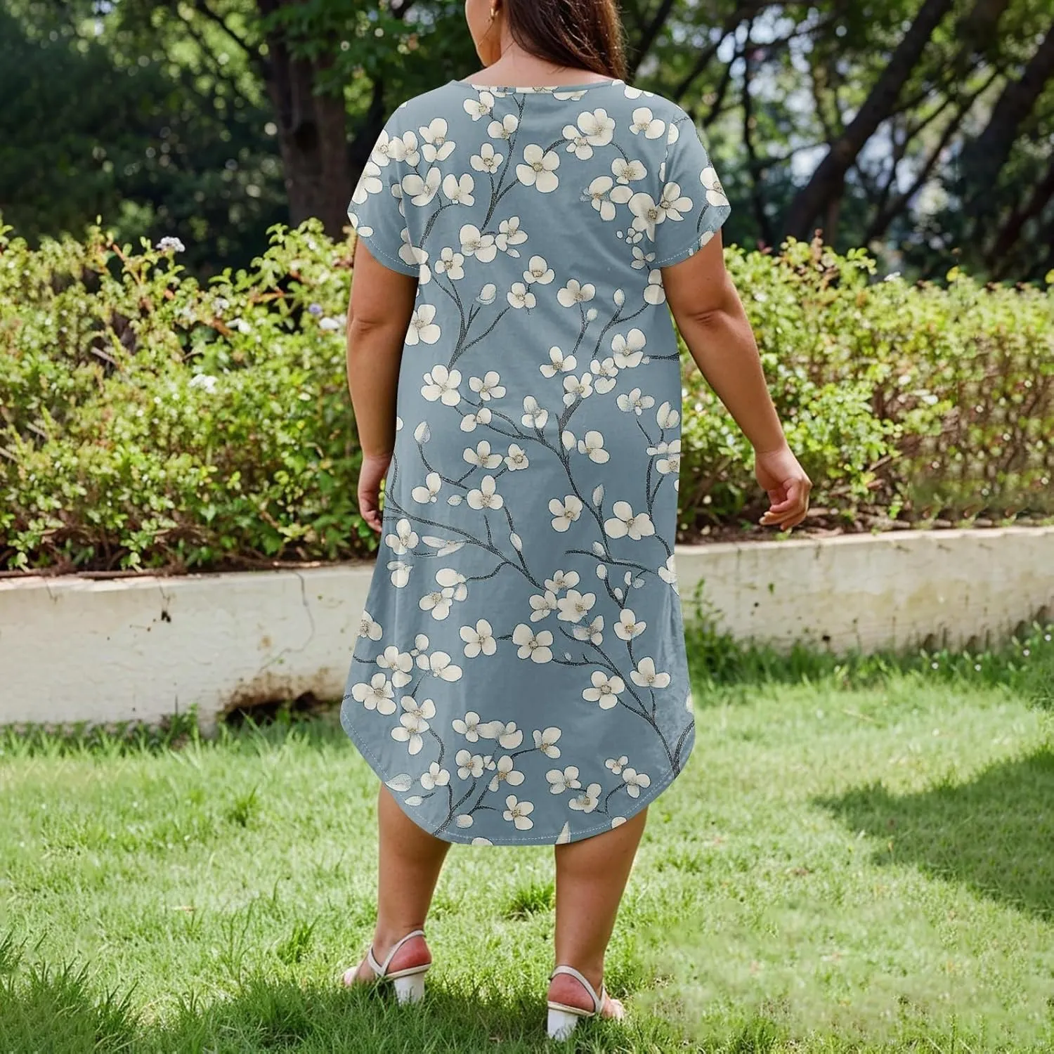 Plus Size Maxi Dresses for Women Casual Short Sleeve Floral Boho Sundress Loose Split Tshirt Dresses with Pockets