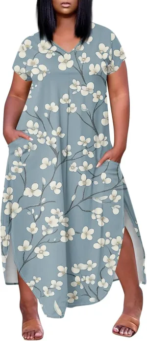Plus Size Maxi Dresses for Women Casual Short Sleeve Floral Boho Sundress Loose Split Tshirt Dresses with Pockets