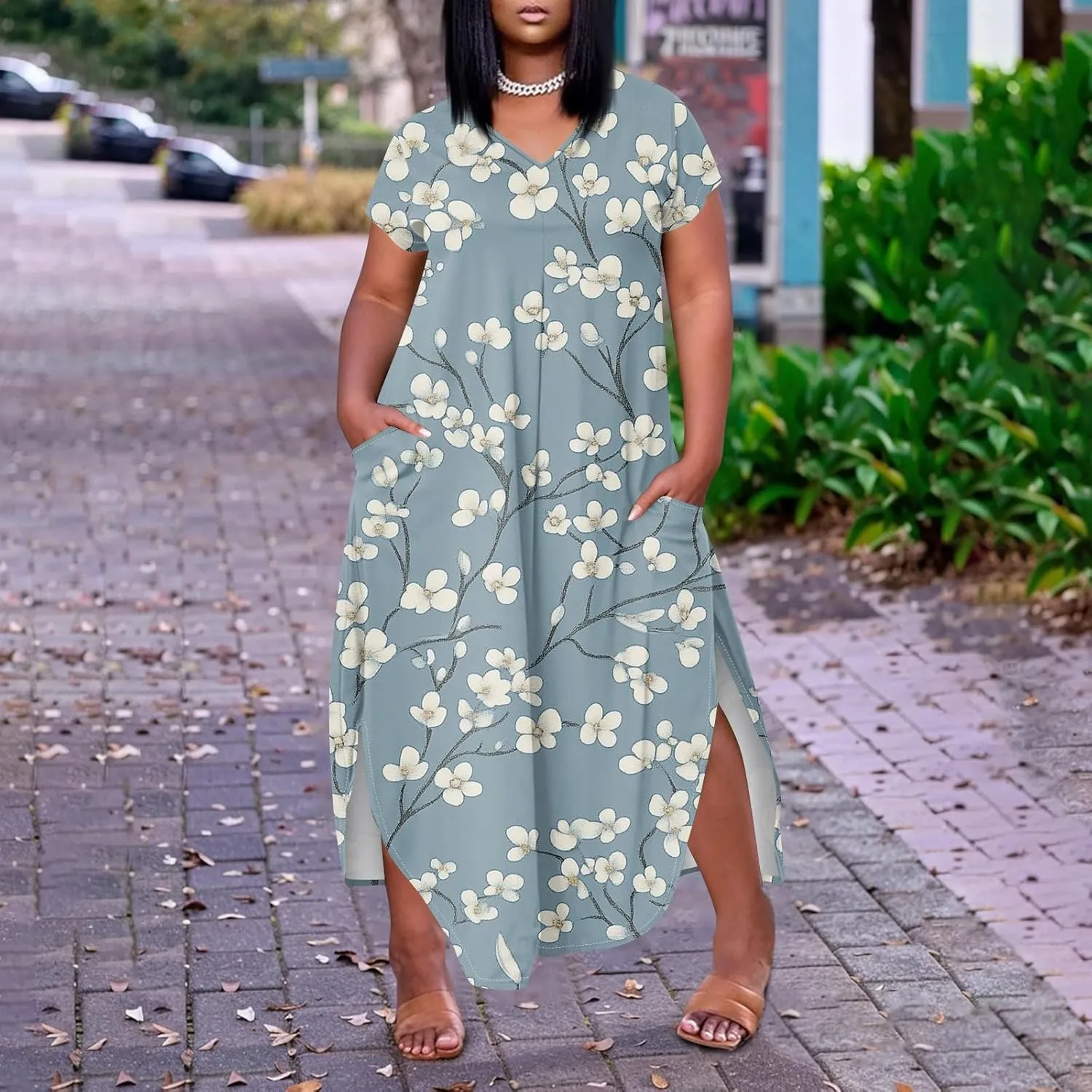 Plus Size Maxi Dresses for Women Casual Short Sleeve Floral Boho Sundress Loose Split Tshirt Dresses with Pockets