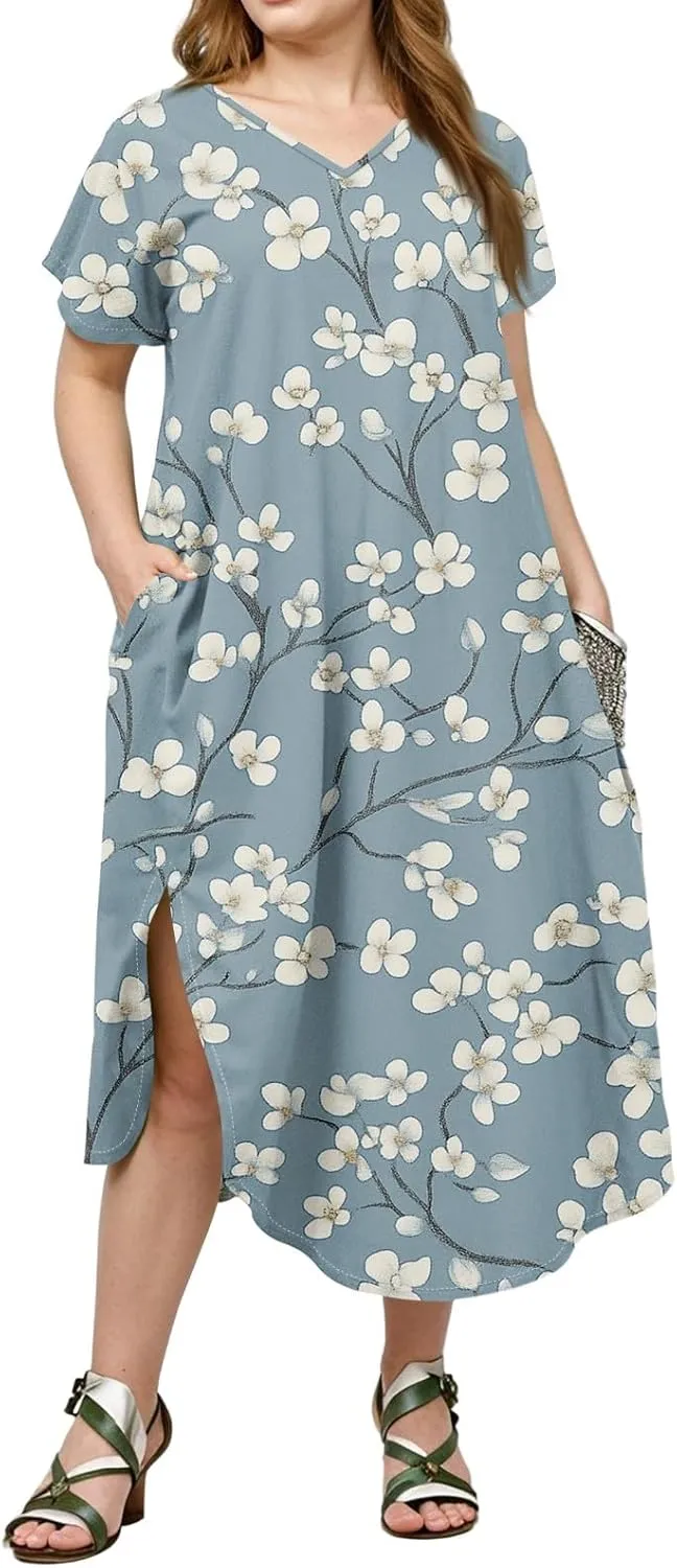Plus Size Maxi Dresses for Women Casual Short Sleeve Floral Boho Sundress Loose Split Tshirt Dresses with Pockets