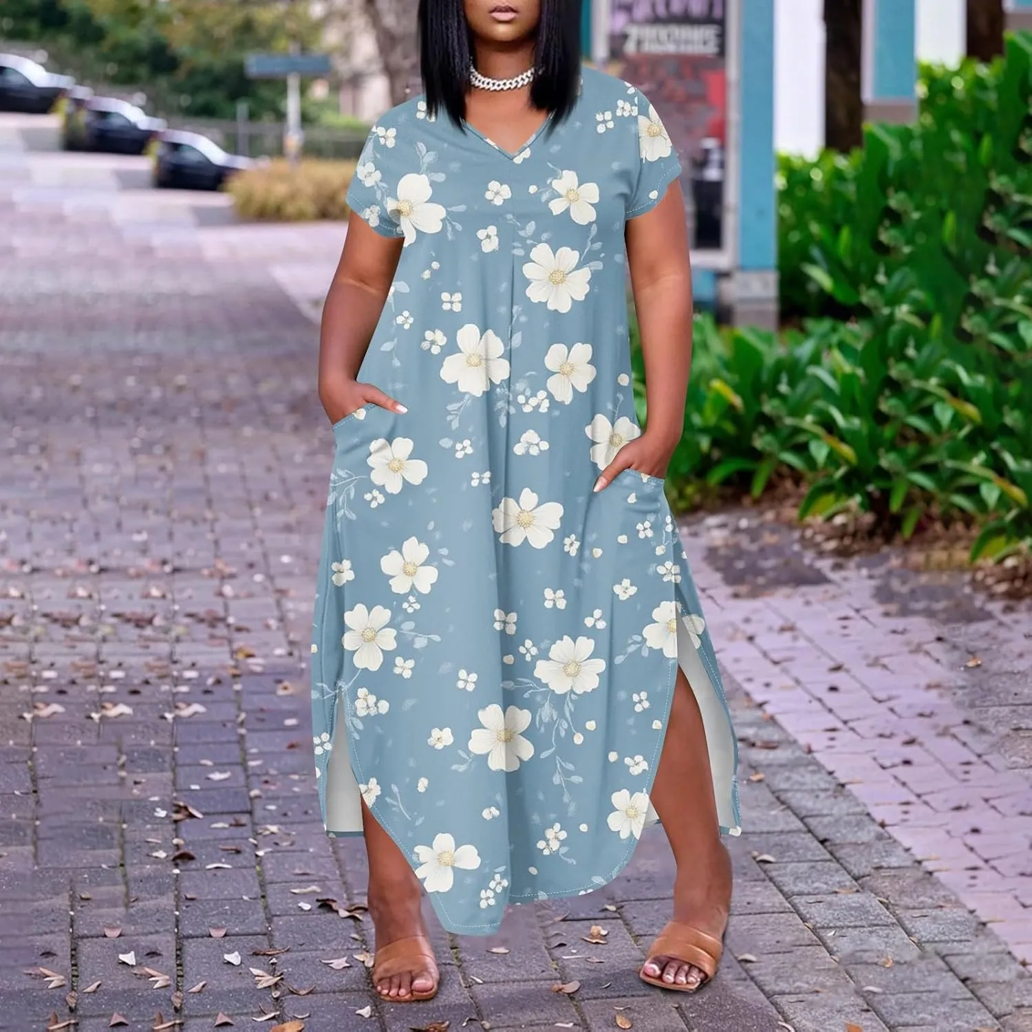 Plus Size Maxi Dresses for Women Casual Short Sleeve Floral Boho Sundress Loose Split Tshirt Dresses with Pockets