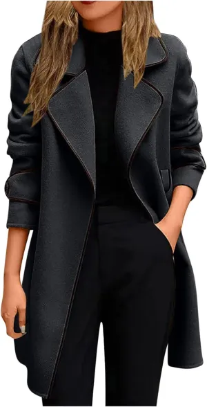 Plus Size Pea Coats for Women Wool Blend Open Front Lapel Collar Trench Coats Long Sleeve Cardigan Long Blazer