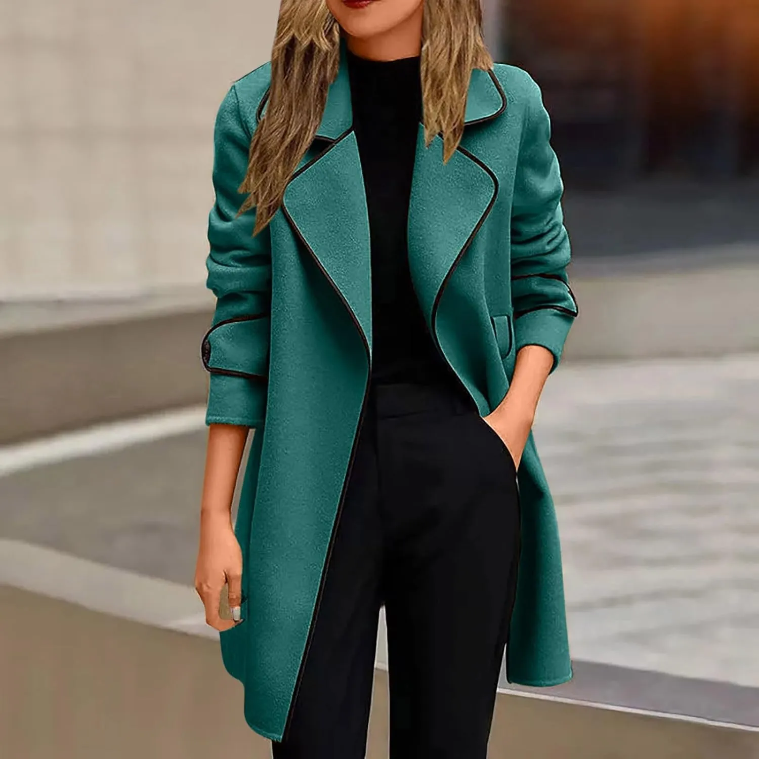 Plus Size Pea Coats for Women Wool Blend Open Front Lapel Collar Trench Coats Long Sleeve Cardigan Long Blazer
