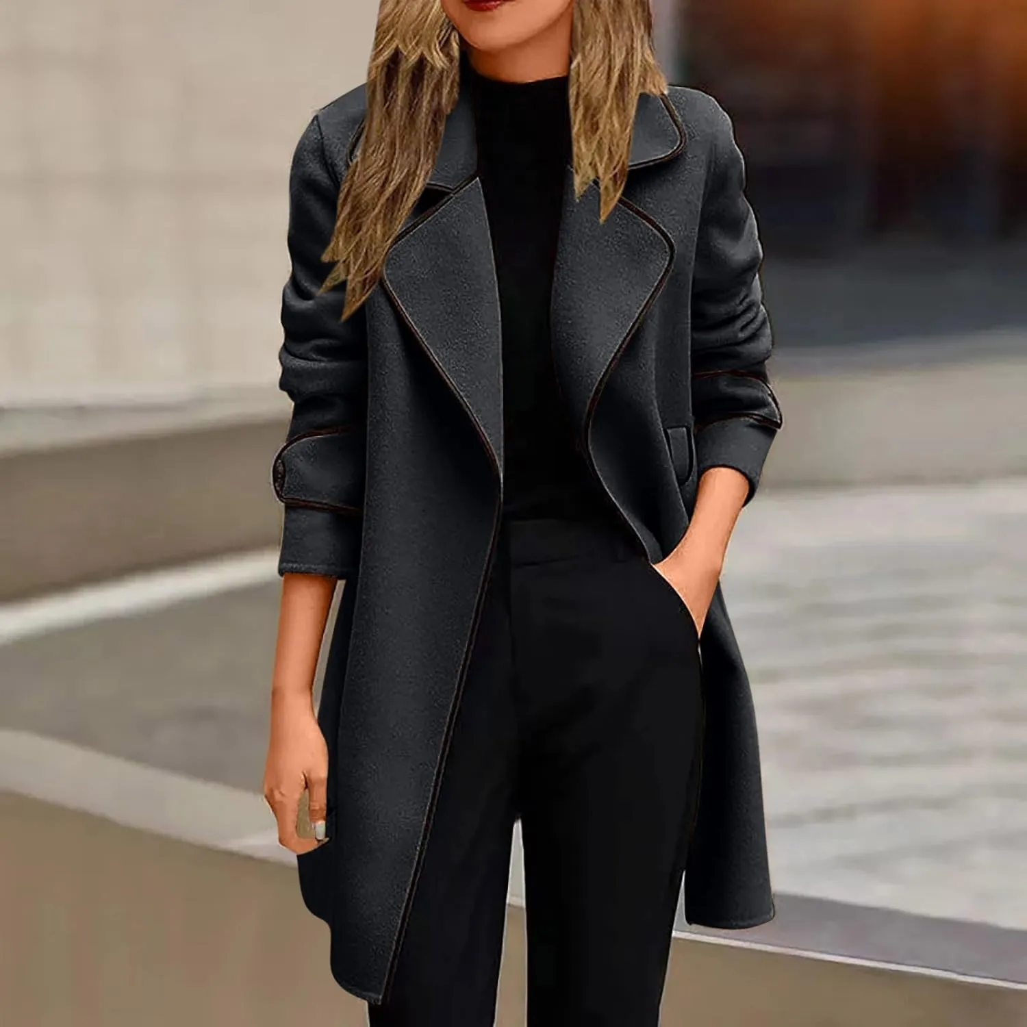 Plus Size Pea Coats for Women Wool Blend Open Front Lapel Collar Trench Coats Long Sleeve Cardigan Long Blazer