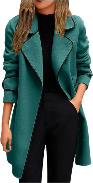 Plus Size Pea Coats for Women Wool Blend Open Front Lapel Collar Trench Coats Long Sleeve Cardigan Long Blazer