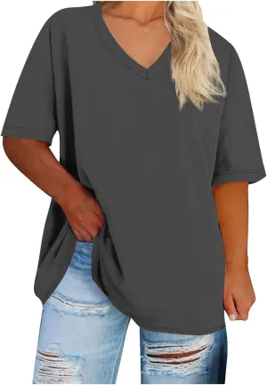 Plus Size Tops for Women Summer Trendy V-Neck Short Sleeve Shirts Oversized Casual Basic Loose Fit Tunic Tops