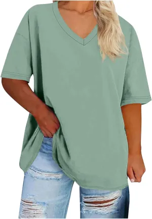 Plus Size Tops for Women Summer Trendy V-Neck Short Sleeve Shirts Oversized Casual Basic Loose Fit Tunic Tops