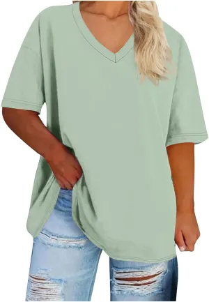 Plus Size Tops for Women Summer Trendy V-Neck Short Sleeve Shirts Oversized Casual Basic Loose Fit Tunic Tops