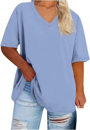 Plus Size Tops for Women Summer Trendy V-Neck Short Sleeve Shirts Oversized Casual Basic Loose Fit Tunic Tops
