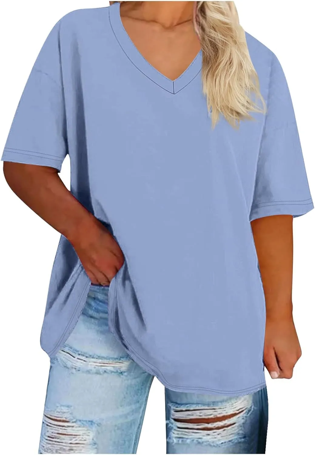 Plus Size Tops for Women Summer Trendy V-Neck Short Sleeve Shirts Oversized Casual Basic Loose Fit Tunic Tops