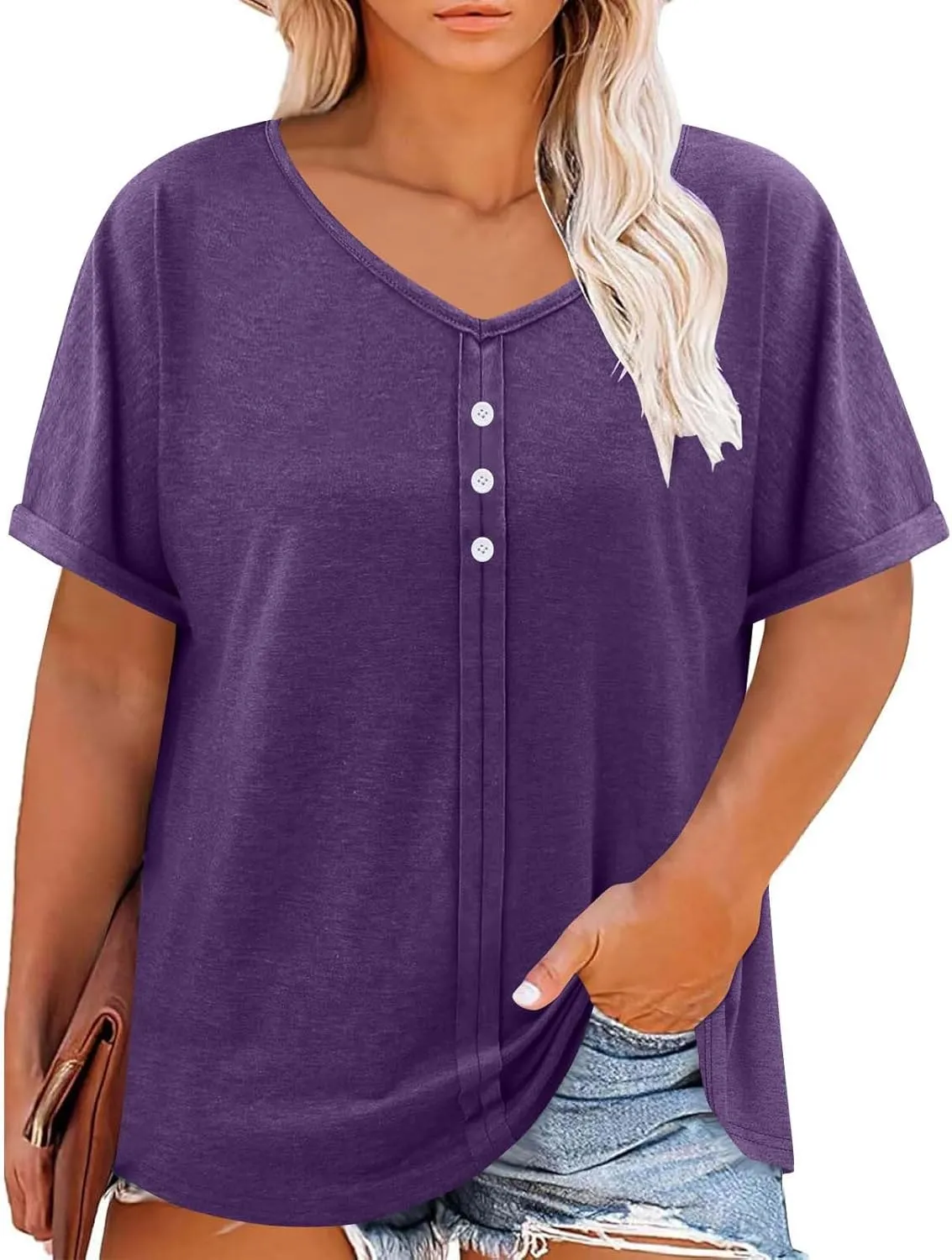 Plus Size Tops for Women Summer V Neck Short Sleeve Tee Shirts Henley Button Casual Loose Fit Blouse L-5XL