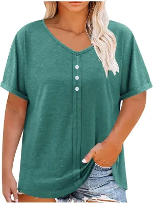 Plus Size Tops for Women Summer V Neck Short Sleeve Tee Shirts Henley Button Casual Loose Fit Blouse L-5XL